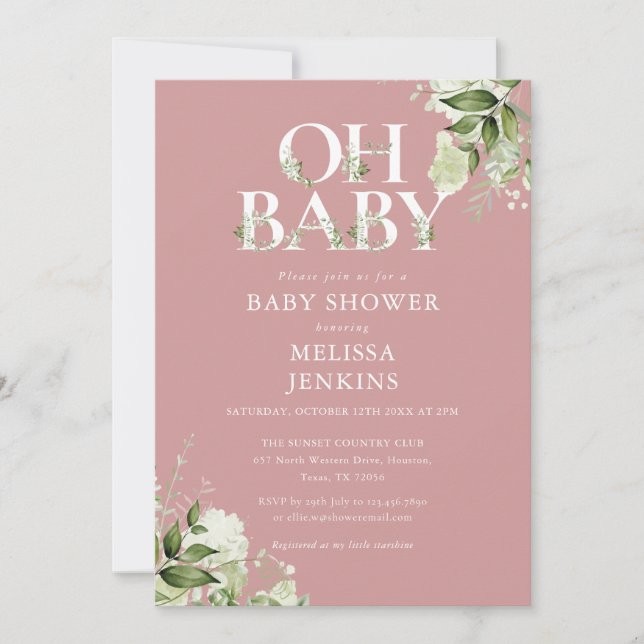 Invitation Dusty Rose Oh Baby Botanical Baby shower de verdur (Devant)