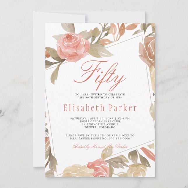 Invitation Dusty Rose Peach Cream Floral 50e fête d'anniversa (Devant)