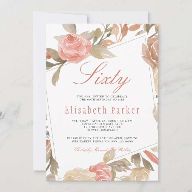 Invitation Dusty Rose Peach Cream Floral 60e fête d'anniversa (Devant)