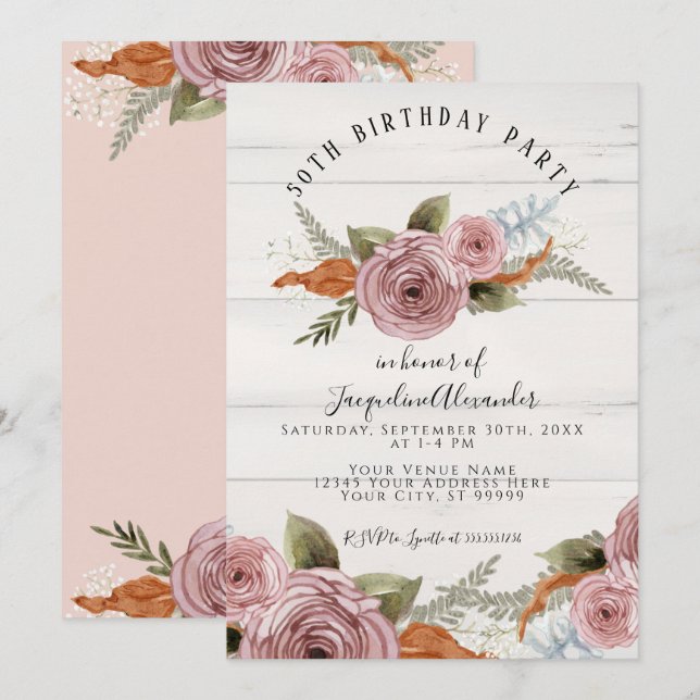 Invitation Dusty rose Peony Floral Rustique Bois fête d'anniv (Devant / Derrière)