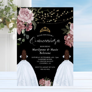 Invitation Dusty rose princesse Floral Twins Quinceañera