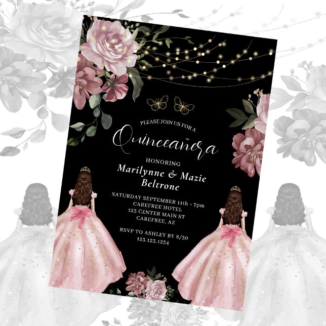 Invitation Dusty rose princesse Floral Twins Quinceañera (Créateur téléchargé)