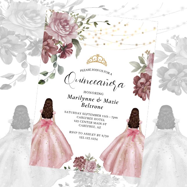 Invitation Dusty rose princesse Floral Twins Quinceañera (Créateur téléchargé)