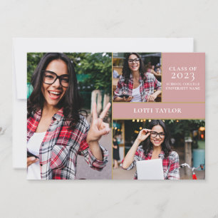 Invitation Dusty Rose rose 3 Photo Gold Graduation Party