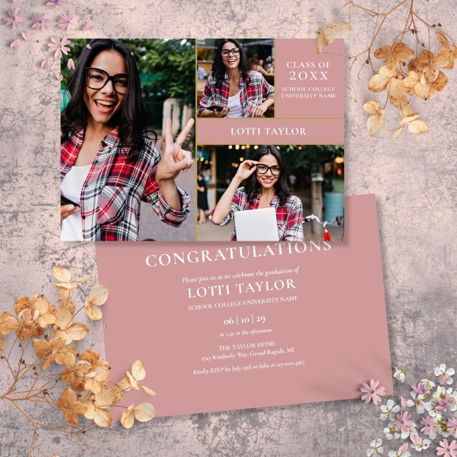 Invitation Dusty Rose rose 3 Photo Gold Graduation Party Invi (Dusty Rose Pink 3 Photo Gold Graduation Party Invi Invitation)