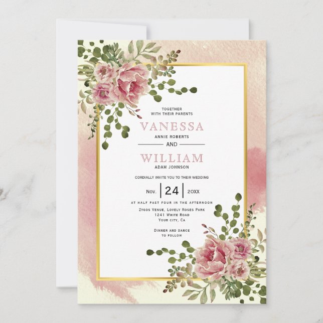 Invitation Dusty rose rose aquarelle fleurs mariage (Devant)