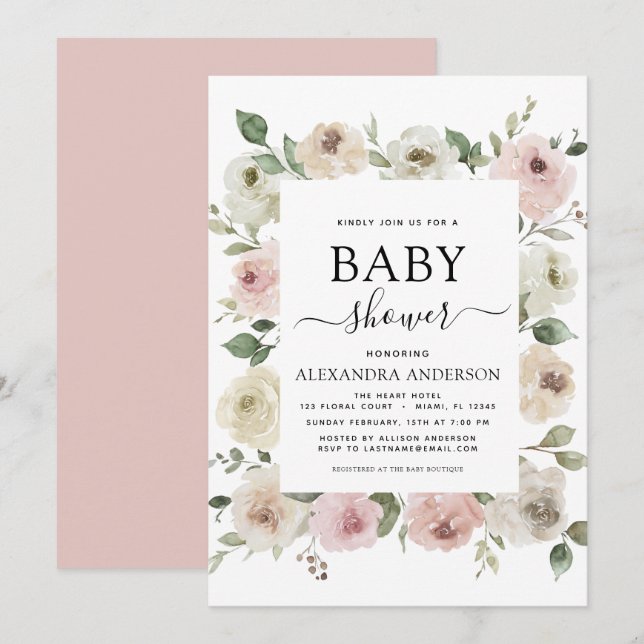Invitation Dusty Rose rose Baby shower Floral verdure (Devant / Derrière)