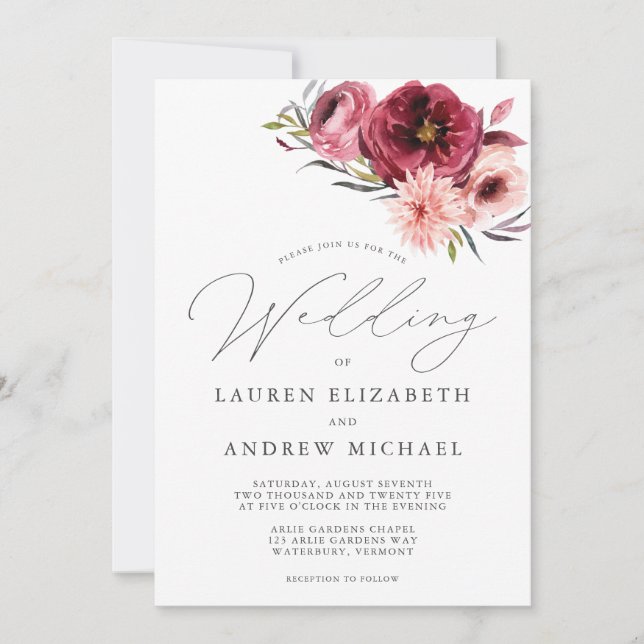 Invitation Dusty Rose rose Bourgogne Aquarelle Mariage floral (Devant)