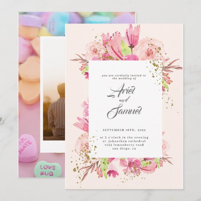 Invitation Dusty Rose rose et or Floral Mariage  (Devant / Derrière)