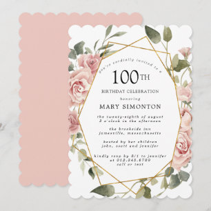 Invitation Dusty Rose Rose Floral 100e fête d'anniversaire