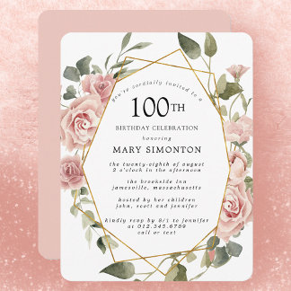 Invitation Dusty Rose Rose Floral 100e fête d'anniversaire
