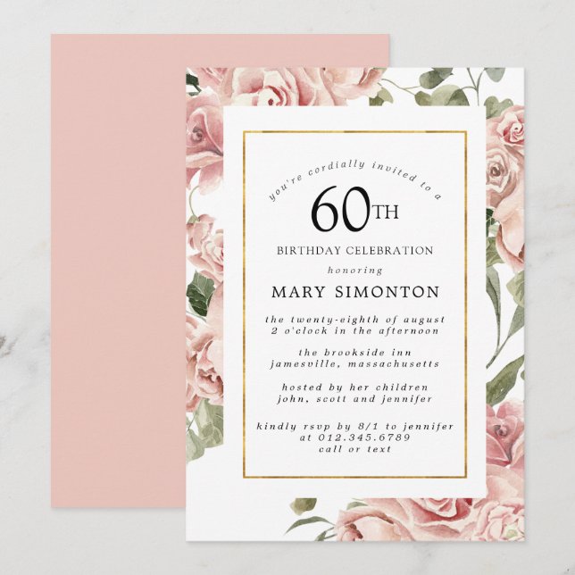 Invitation Dusty Rose Rose Floral 60e Gold Birthday Party (Devant / Derrière)