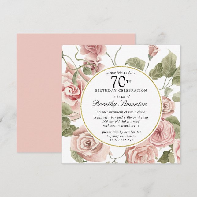 Invitation Dusty Rose Rose Floral 70e anniversaire (Devant / Derrière)