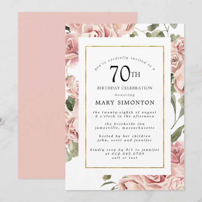 Invitation Dusty Rose Rose Floral 70e Gold Birthday Party (Devant / Derrière)