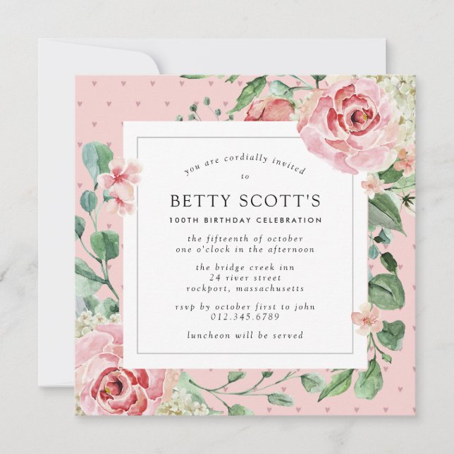 Invitation Dusty Rose Rose Floral Carré 100e fête d'anniversa (Devant)