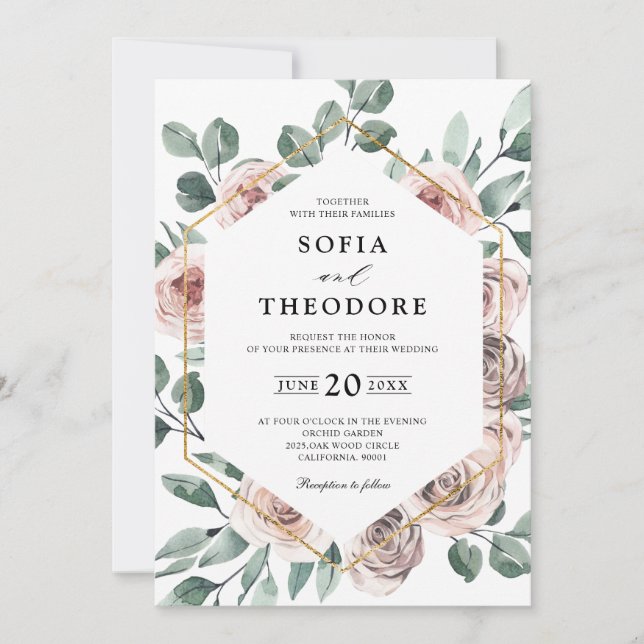Invitation Dusty rose Rose floral Mariage géométrique (Devant)