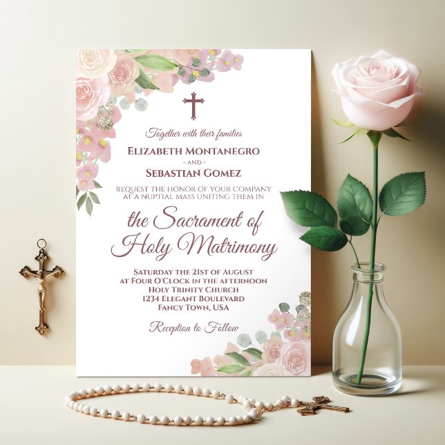 Invitation Dusty Rose rose Floral moderne Mariage catholique  (Créateur téléchargé)