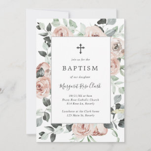 Invitation Dusty Rose rose floral vert fille Baptême