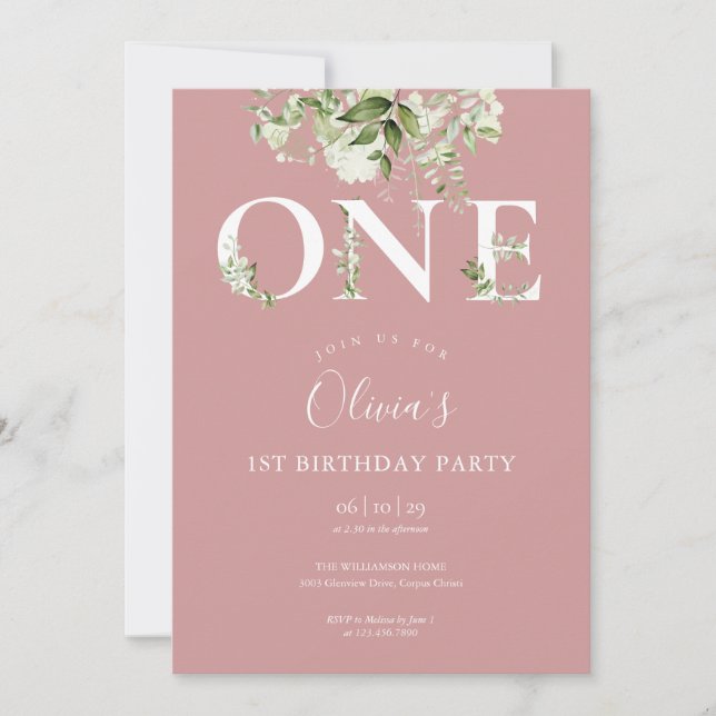 Invitation Dusty Rose rose mignonne Floral Vert 1er Anniversa (Devant)