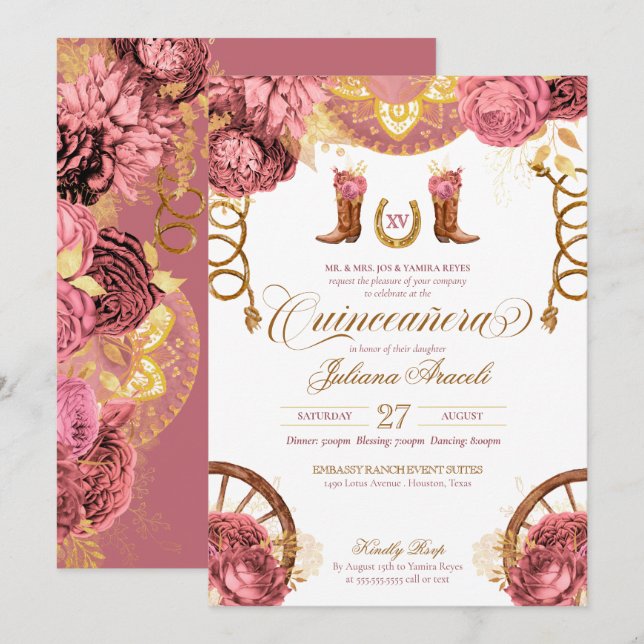 Invitation Dusty Rose rose or élégant Charro Quinceanera (Devant / Derrière)