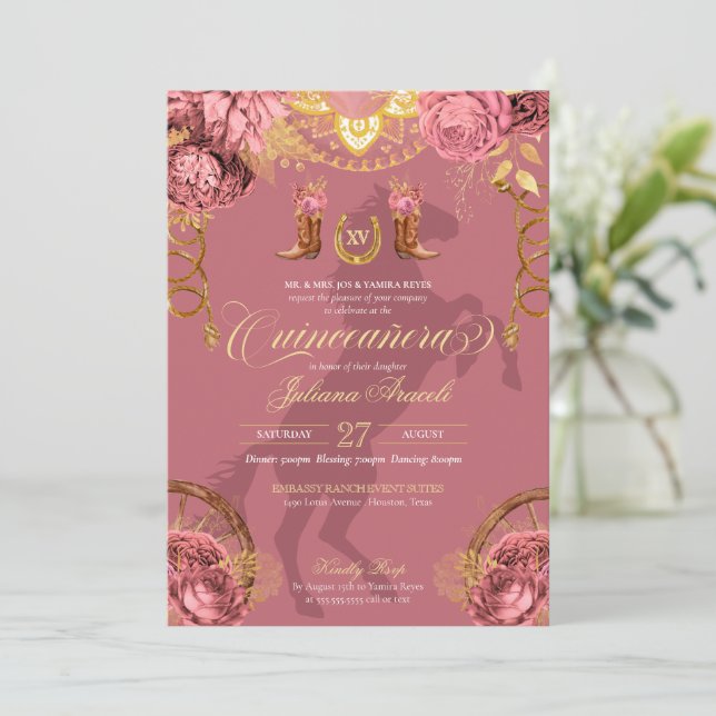 Invitation Dusty Rose rose or élégant Charro Quinceanera (Debout devant)