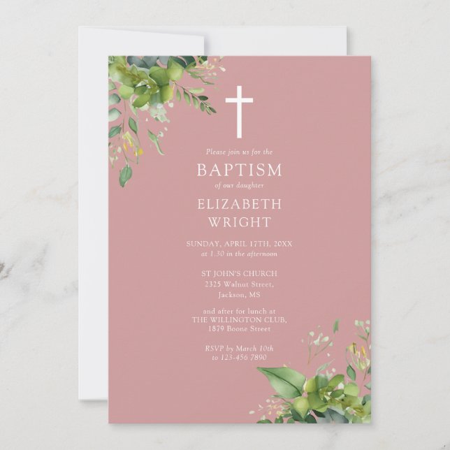 Invitation Dusty Rose rose verdure Monogramme  Baptême (Devant)