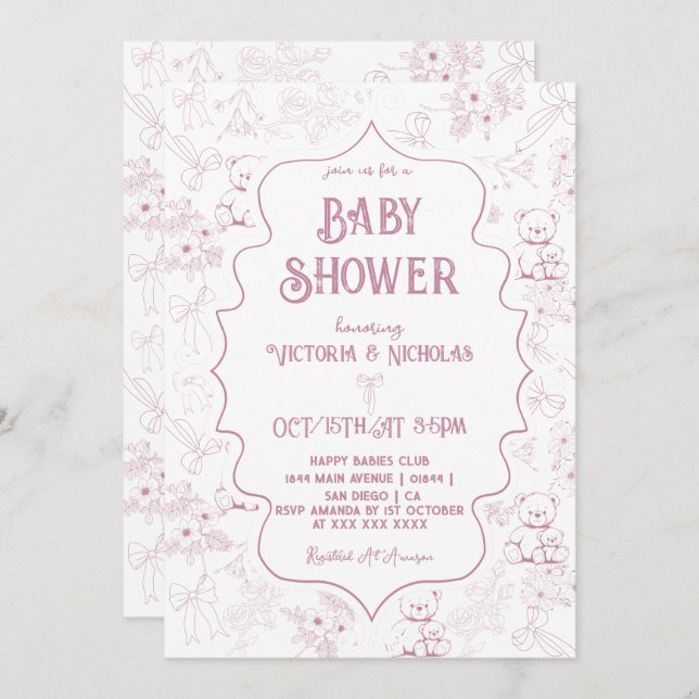 Invitation Dusty rose Toile Bow ours bébé fille douche (Devant / Derrière)