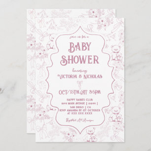 Invitation Dusty rose Toile Bow ours bébé fille douche