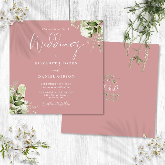 Invitation Dusty Rose Verdure Floral Monogramme Carré Mariage (Dusty Rose Greenery Floral Monogram Square Wedding Invitation)