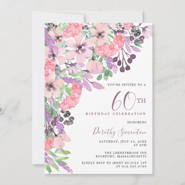 Invitation Dusty rose violet Fleur sauvage 60e anniversaire (Devant)