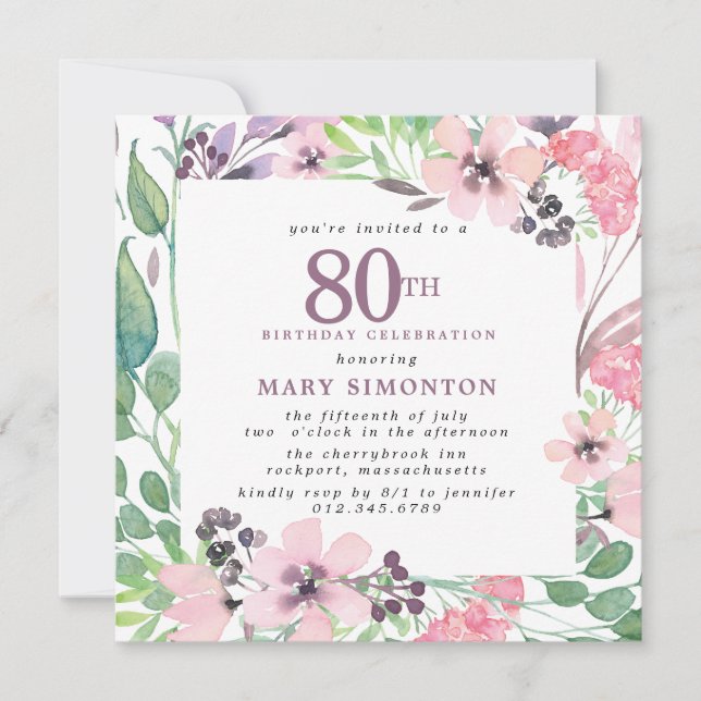 Invitation Dusty rose violet Fleur sauvage 80e anniversaire (Devant)