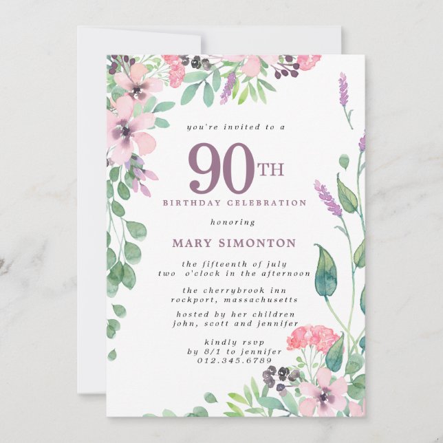 Invitation Dusty rose violet Fleur sauvage 90e anniversaire (Devant)