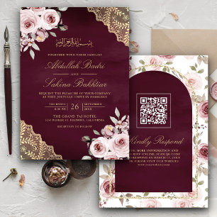 Invitation Dusty Roses Broderie Or Code QR Mariage Musulman p