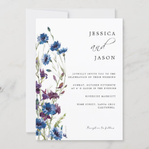 Invitation Dusty Royal Blue Purple Bloom Floral Mariage