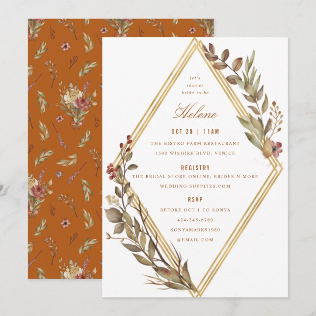 Invitation Dusty Sage Gold Diamond Rust Fête des mariées d'au (Devant / Derrière)