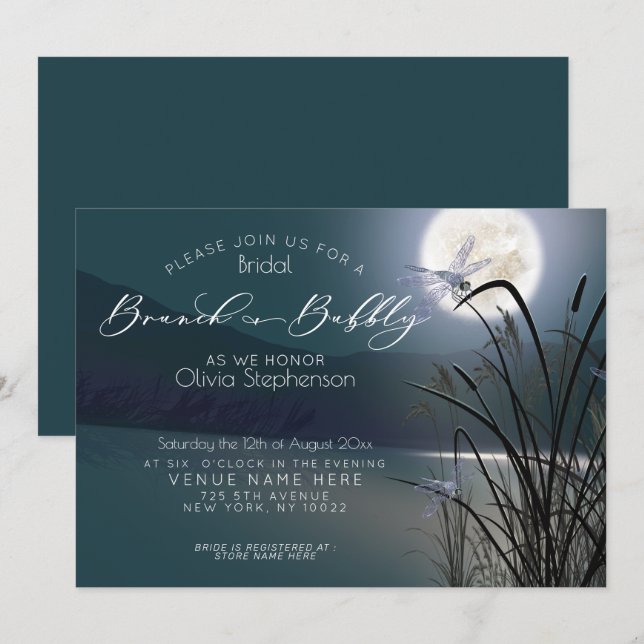Invitation Dusty Turquoise Brunch Bubbly Pleine lune libellul (Devant / Derrière)