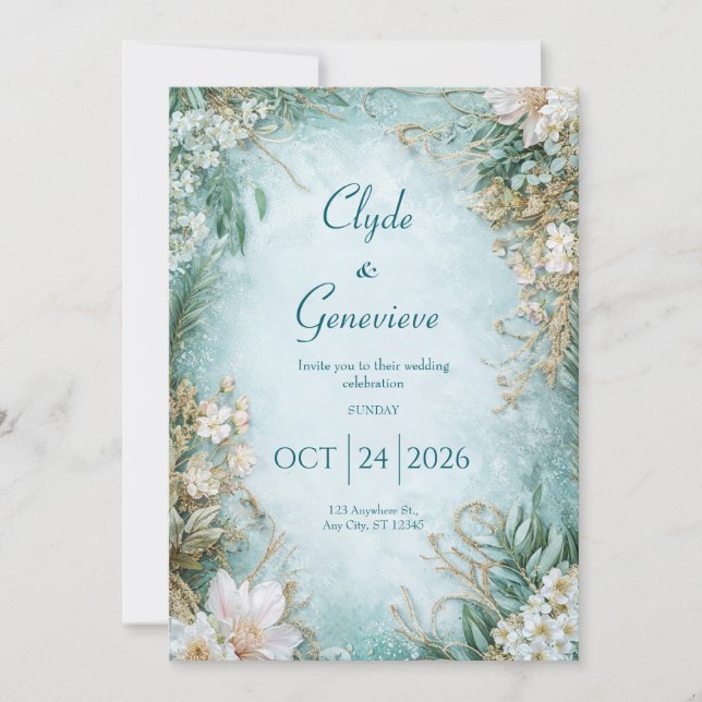 Invitation Dusty Turquoise et Fleur sauvage de crème Mariage (Devant)