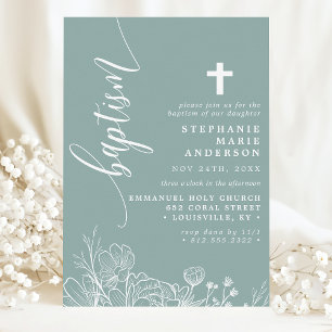 Invitation Dusty Turquoise Floral Élégant Script Baptême