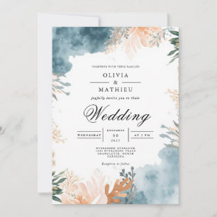 Invitation Dusty Turquoise Floral Mariage Abstrait