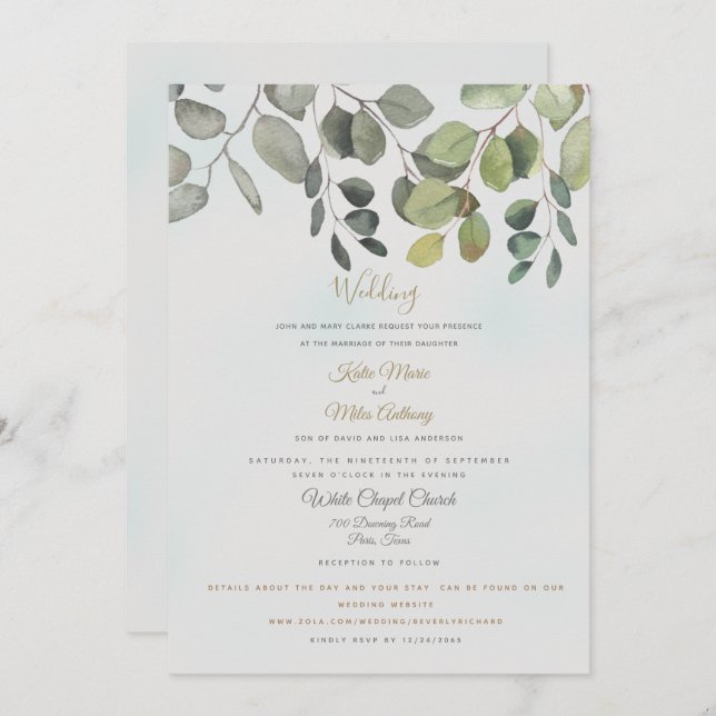 Invitation Dusty Turquoise Foliage Site Web Inclus Mariage (Devant / Derrière)