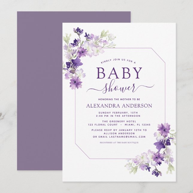 Invitation Dusty violet Baby shower de verdure Florale (Devant / Derrière)