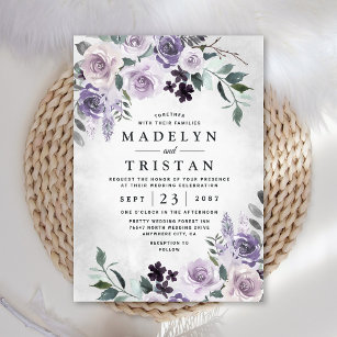 Invitation Dusty violet et gris argenté Floral Mariage rustiq