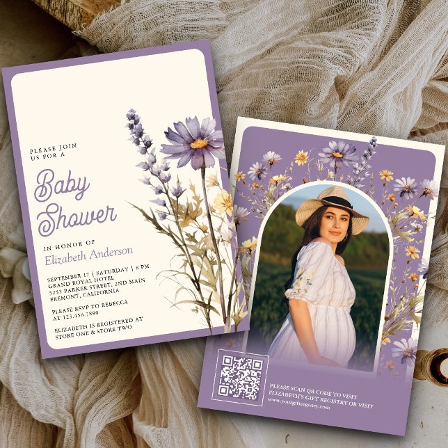 Invitation Dusty violet Fleur sauvage photo Baby shower de co (Créateur téléchargé)