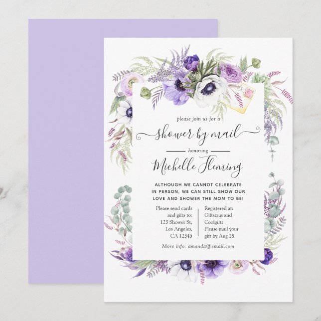 Invitation Dusty Violet Floral Baby shower par la poste (Devant / Derrière)