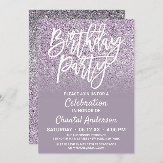 Invitation Dusty violet gris Faux Parties scintillant Ombre A (Devant / Derrière)