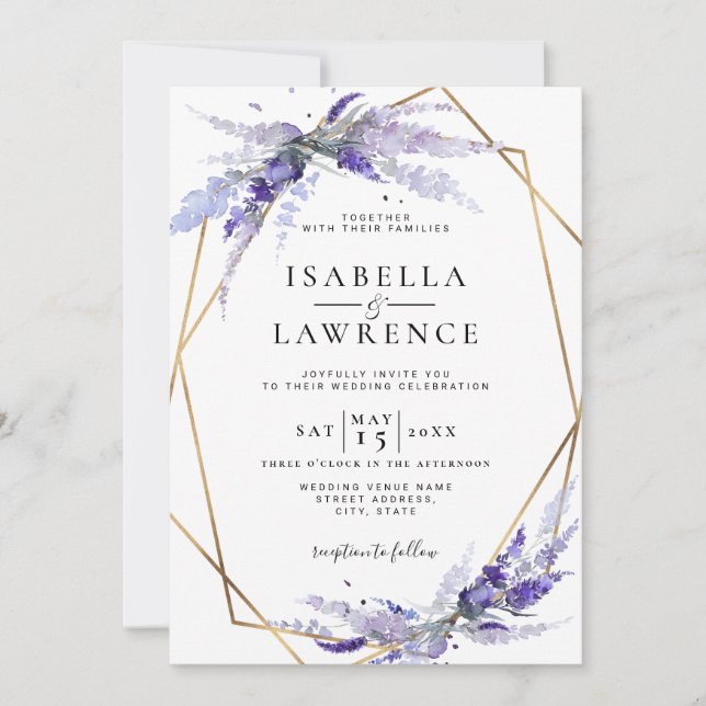 Invitation Dusty violet lavande Floral Gold Frame Mariage (Devant)