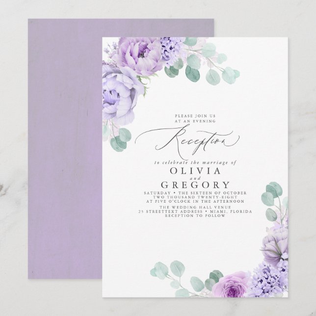 Invitation Dusty Violet Romantique Mariage réception du soir (Devant / Derrière)