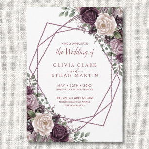 Invitation Dusty violet Rose Floral géométrique sur blanc