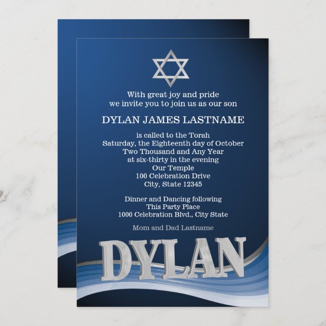 Invitation Dylan Steel Wave Name Bar Mitzvah (Devant / Derrière)