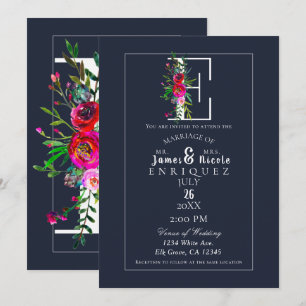 Invitation E Monogramme Dernière Initiale Moderne Bleu Floral